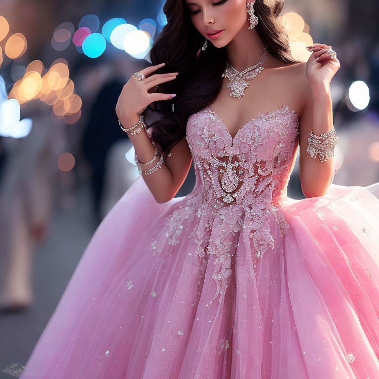 Elegant Woman in Sparkling Pink Ball Gown and Jewelry