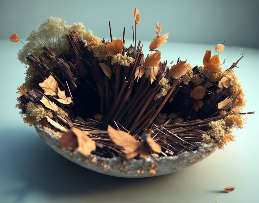 Stone bowl with dried twigs, autumn leaves, and yellow flowers on blue background