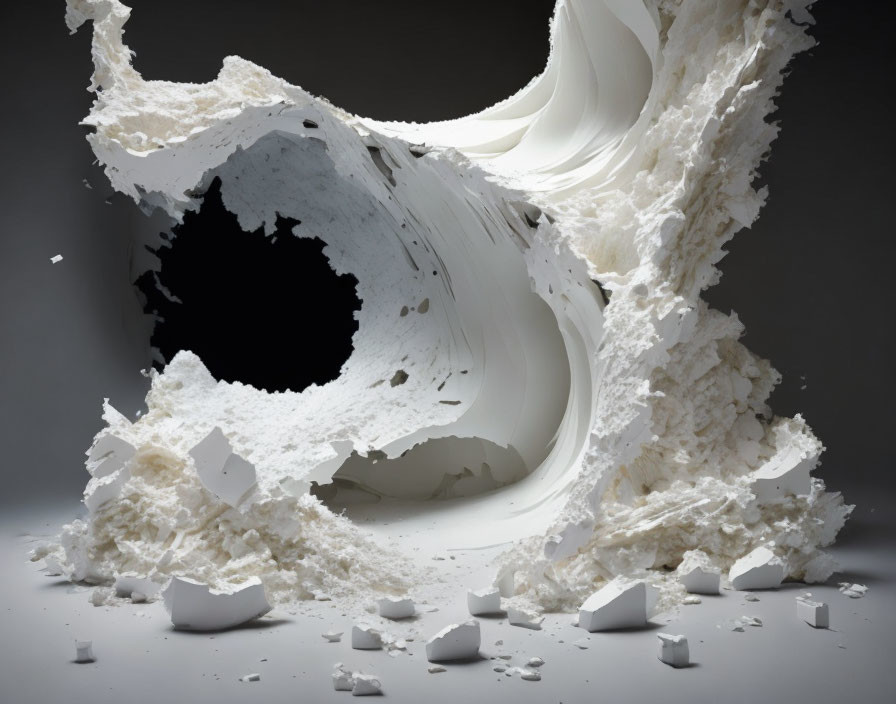 Swirling tunnel sculpture in white material with scattered fragments