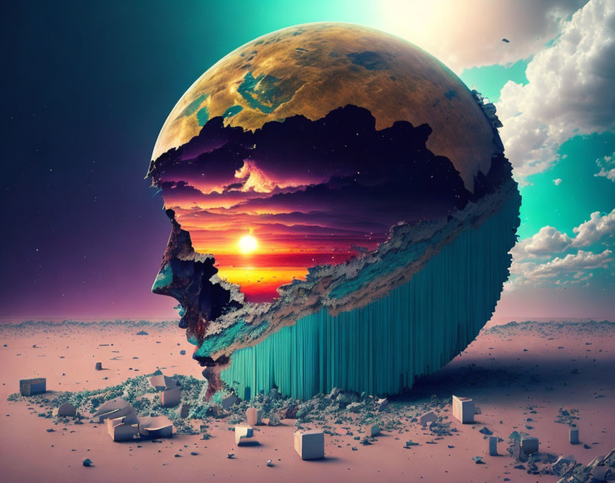 Fractured planet with exposed core in surreal sunset scene