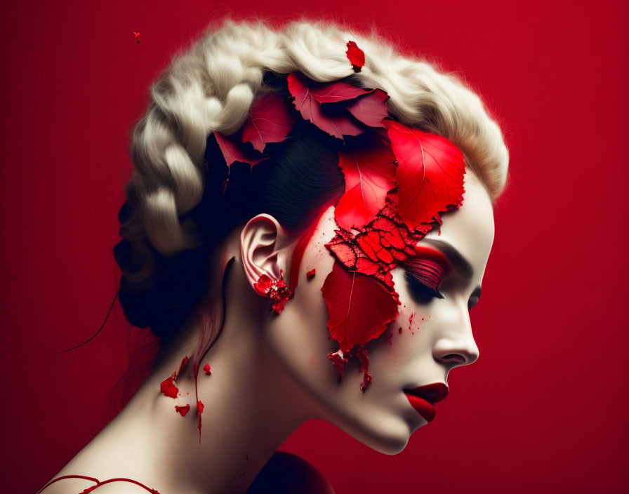 Woman with artistic makeup featuring red leaves and veins on red background.