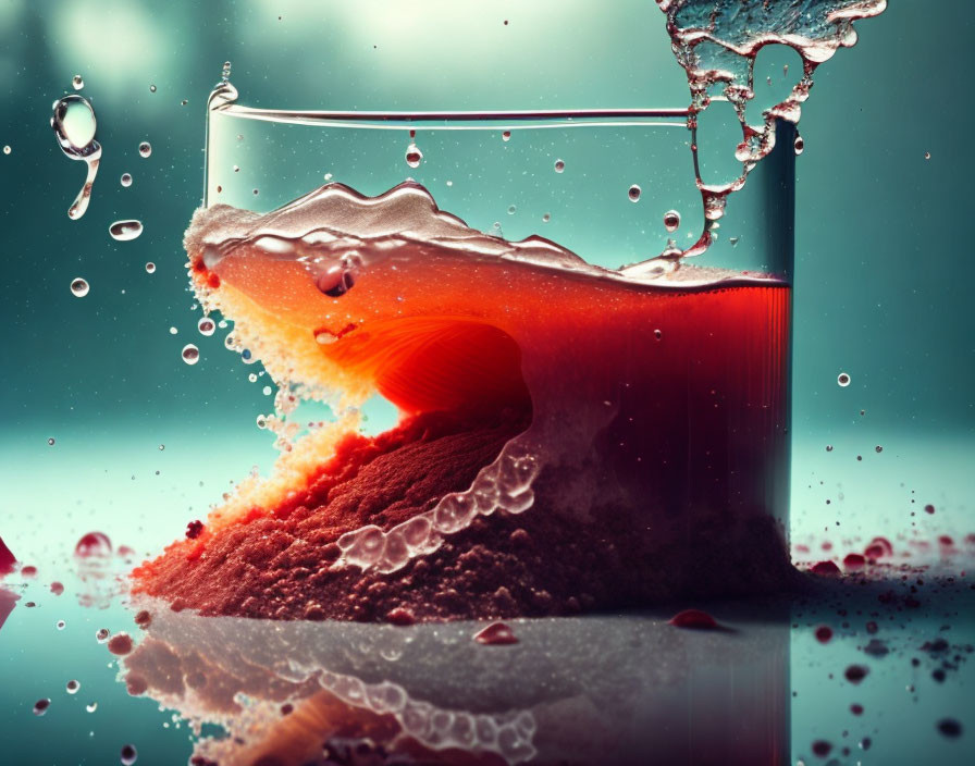 Swirling Water Droplets in Red Liquid on Turquoise Background