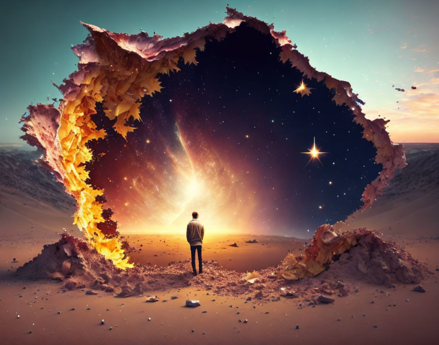 Person stands before torn desert portal revealing cosmic scene of stars and galaxies.