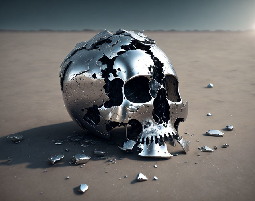 Shattered chrome skull on sandy surface under hazy sky