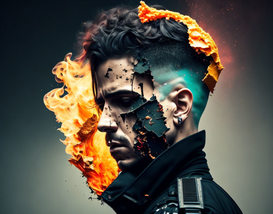 Fiery digital effect on person's side profile in intense visual concept