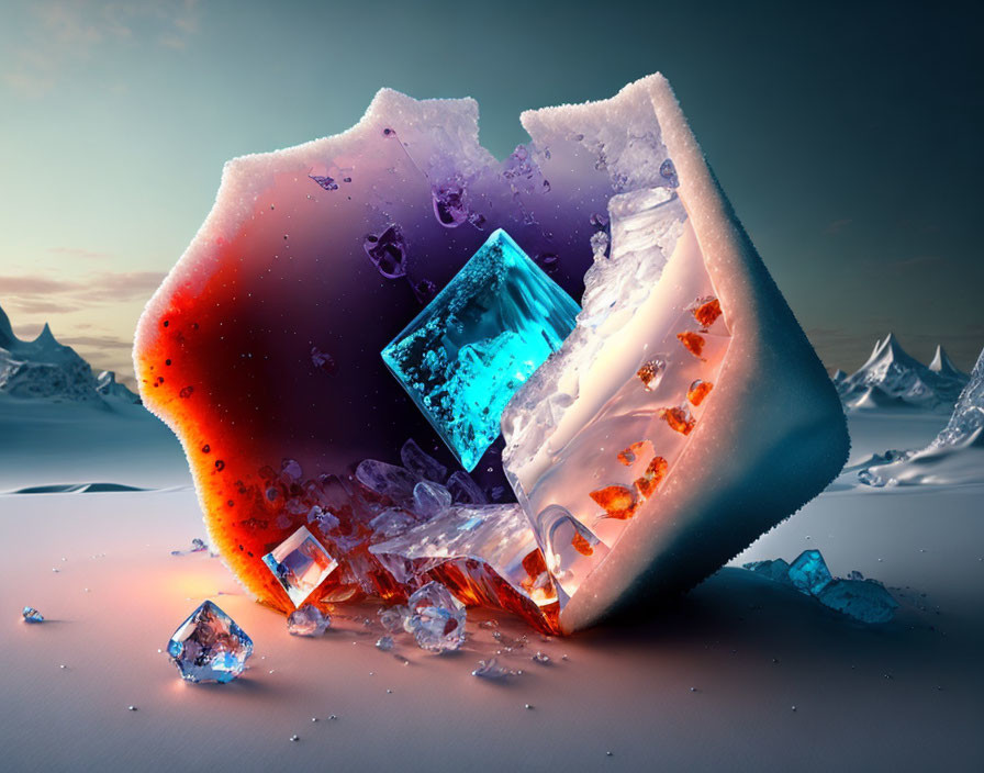 Split ice block with red and blue colors on frosty landscape