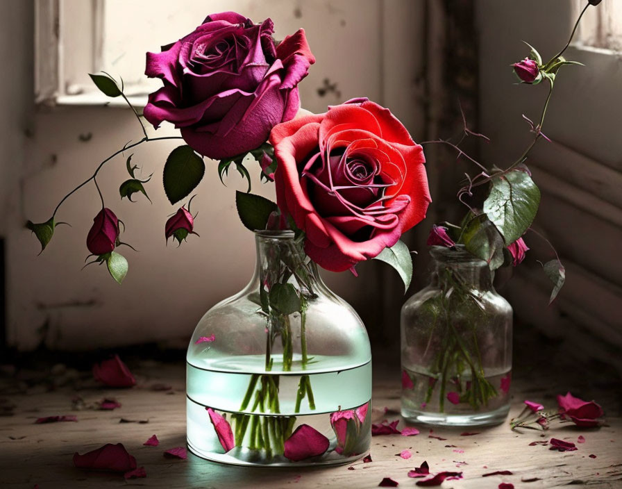 Two Roses in Glass Vases on Wooden Surface by Window