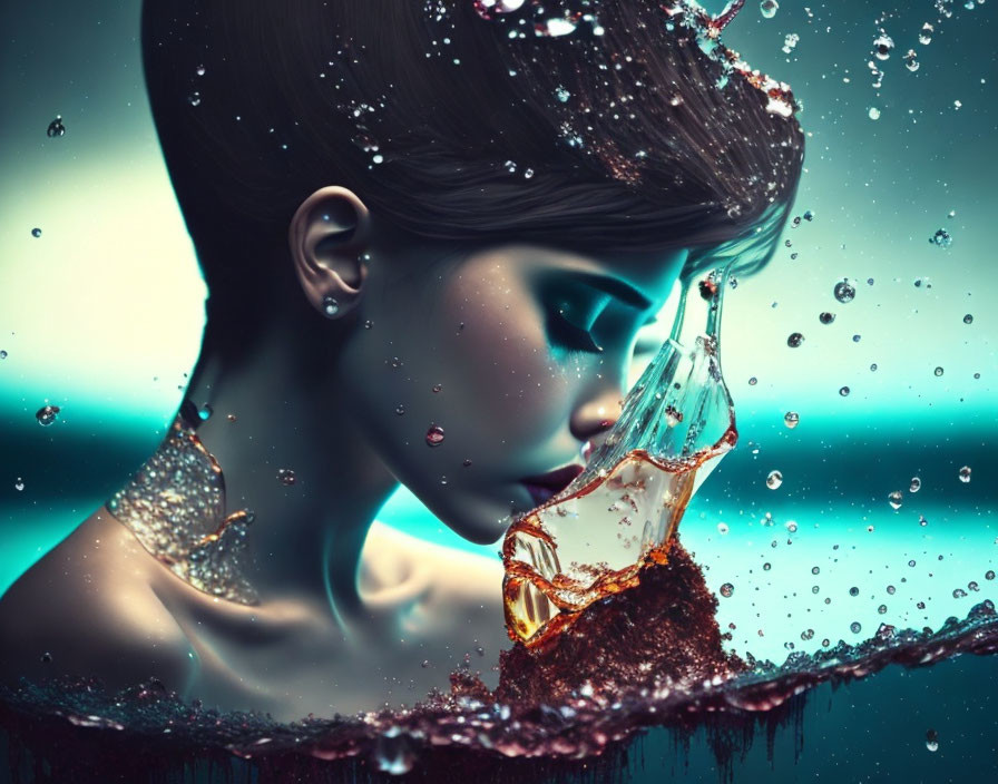 Digital artwork: Woman with water splashing, shattered glass bottle, turquoise backdrop