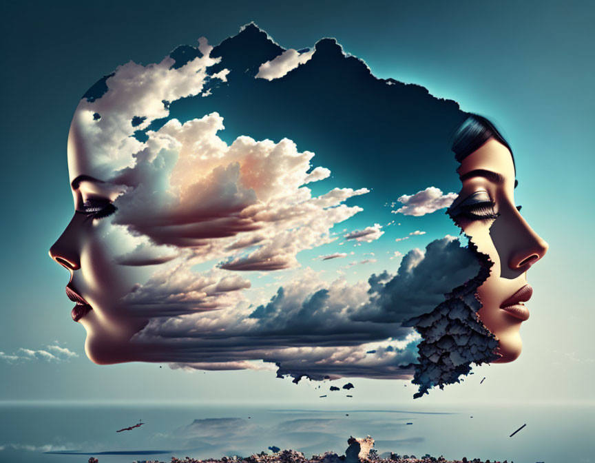Stylized profile faces merge in surreal landscape with clouds and sea horizon