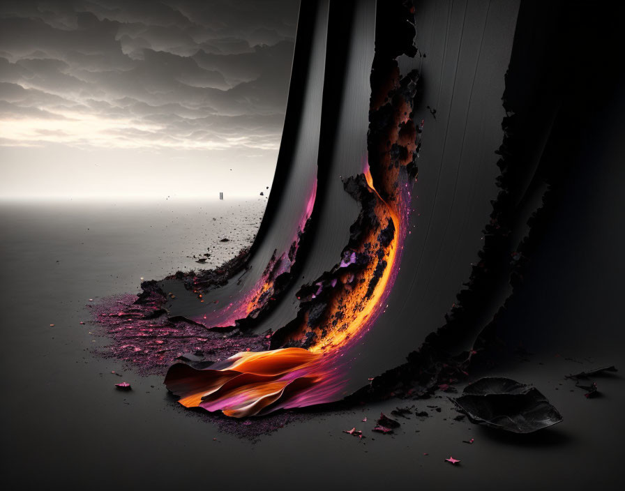 Surreal image of giant dark liquid wave with fiery glow and embers against cloudy sky