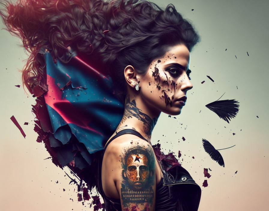 Woman with artistic makeup and tattoos dissolving into feathers and ink on gray background