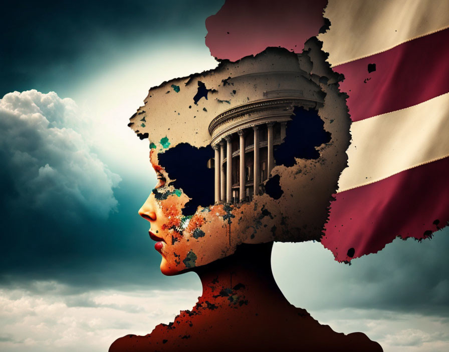 Silhouette profile with American flag and classical building against cloudy background