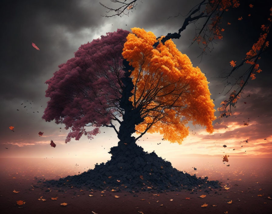 Surreal image of tree with orange and pink leaves under dramatic sky