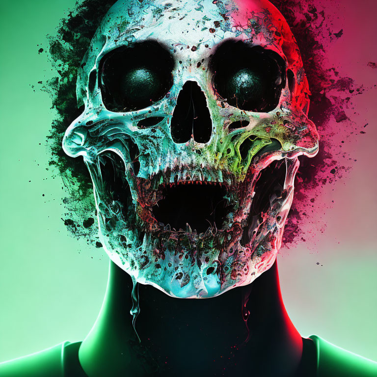 Colorful Skull Artwork with Melting Effect on Multicolored Background