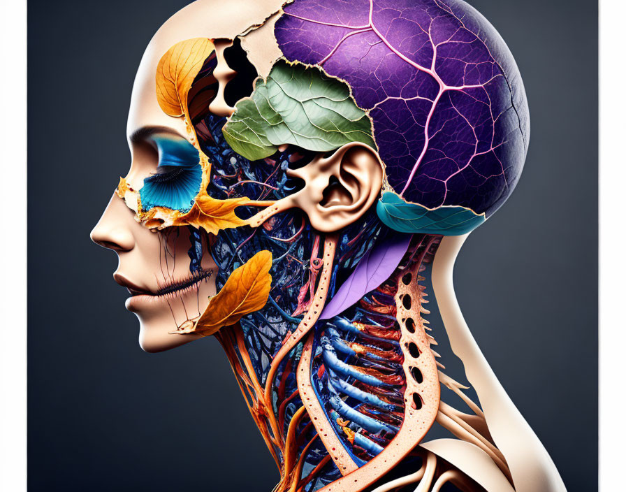 Colorful anatomical structures and leaf textures on human profile image