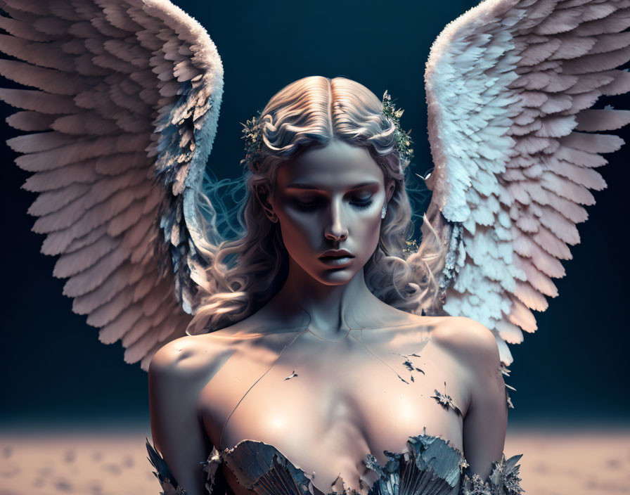 Serene angel with large wings and ornate crown in moody setting