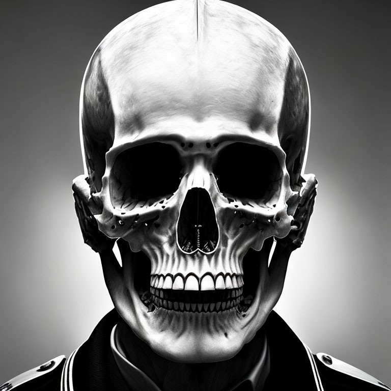 Monochrome human skull overlay on person's head against grey backdrop