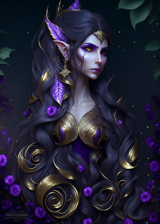 Fantasy Artwork of Female Character in Purple Skin and Golden Armor