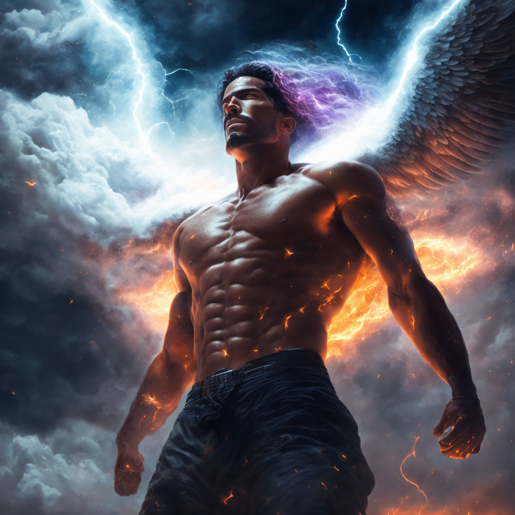 Muscular figure with outstretched angelic wing in fiery storm.