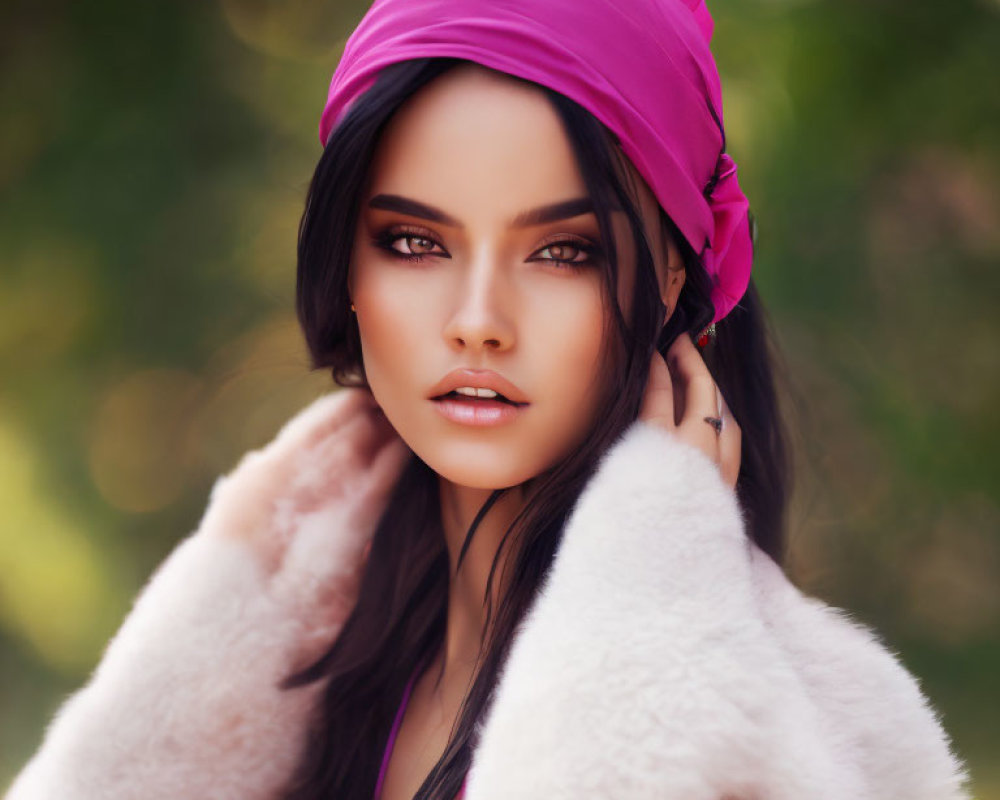 Woman in pink headscarf and white coat posing in natural setting