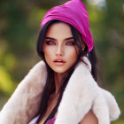 Woman in pink headscarf and white coat posing in natural setting