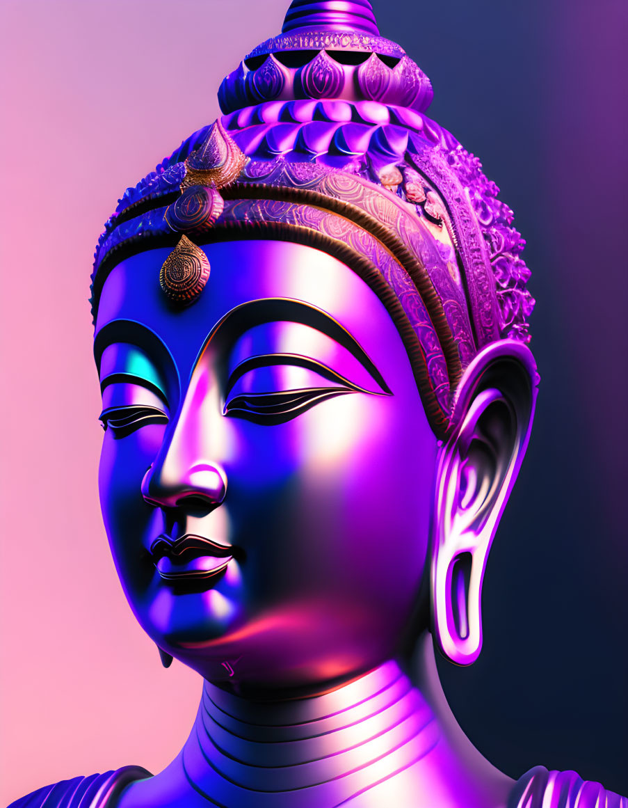 Metallic Buddha Statue on Radiant Purple and Pink Gradient Background