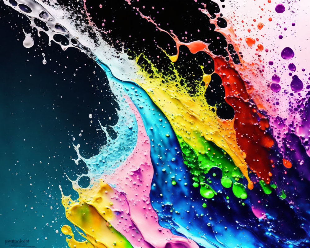 Colorful liquid splashes in motion on dark background: Abstract art composition