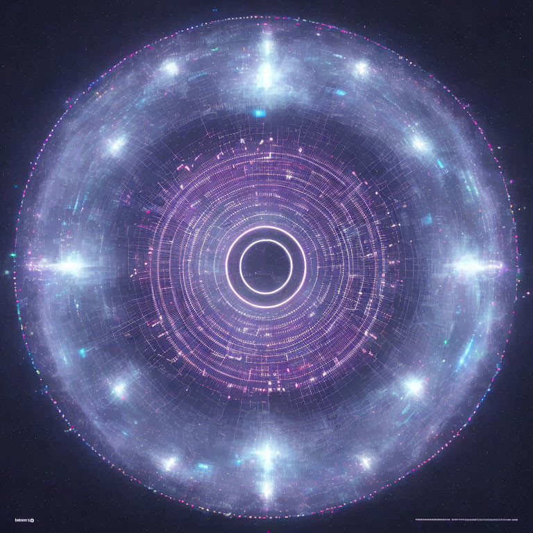 Abstract Cosmic Illustration: Circular Rings & Bright Lights on Dark Background