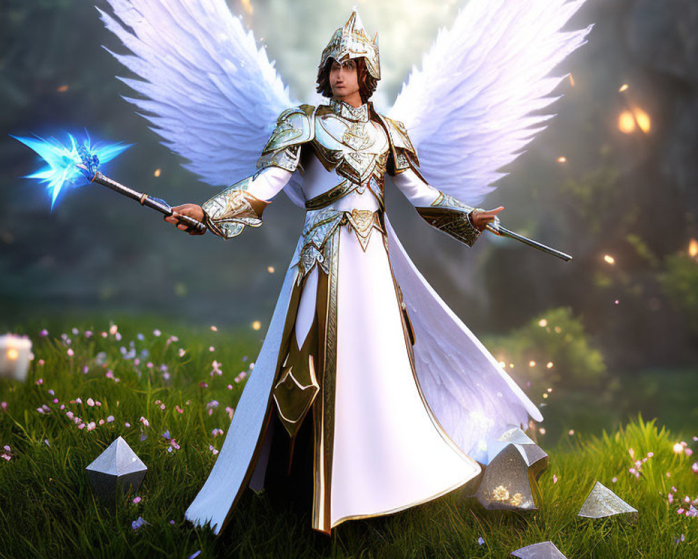 Majestic angelic warrior in ornate armor with glowing wings, blue staff, and sword