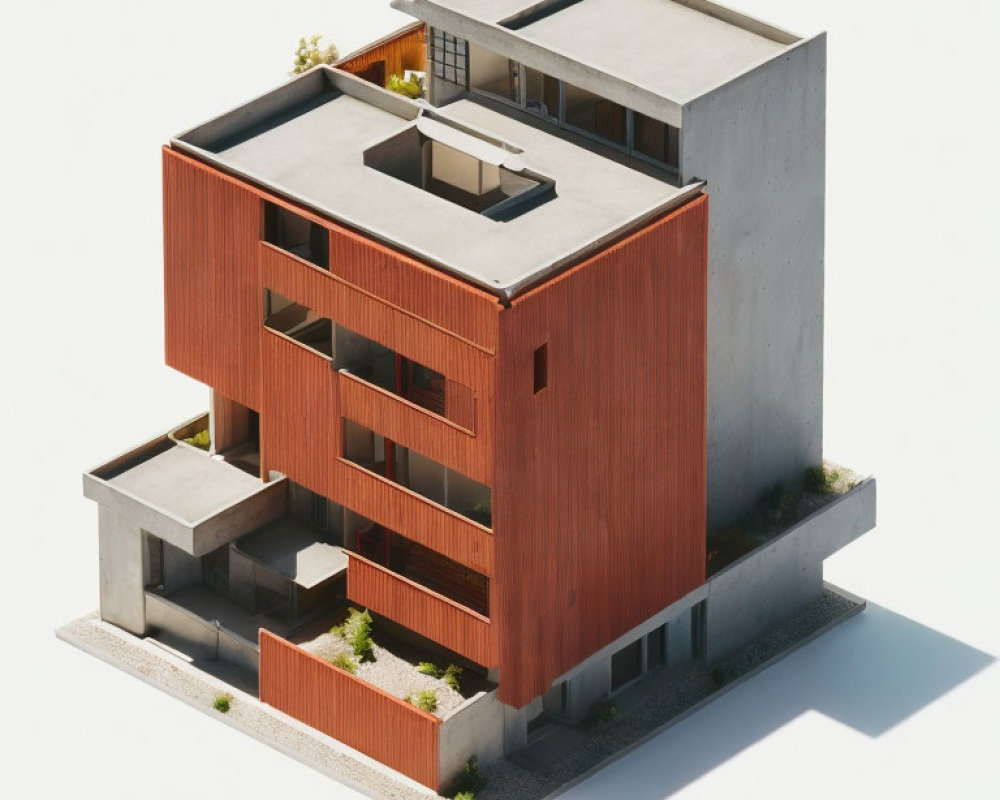 Modern multi-story building with concrete and wood facade, greenery balconies, and flat roof.