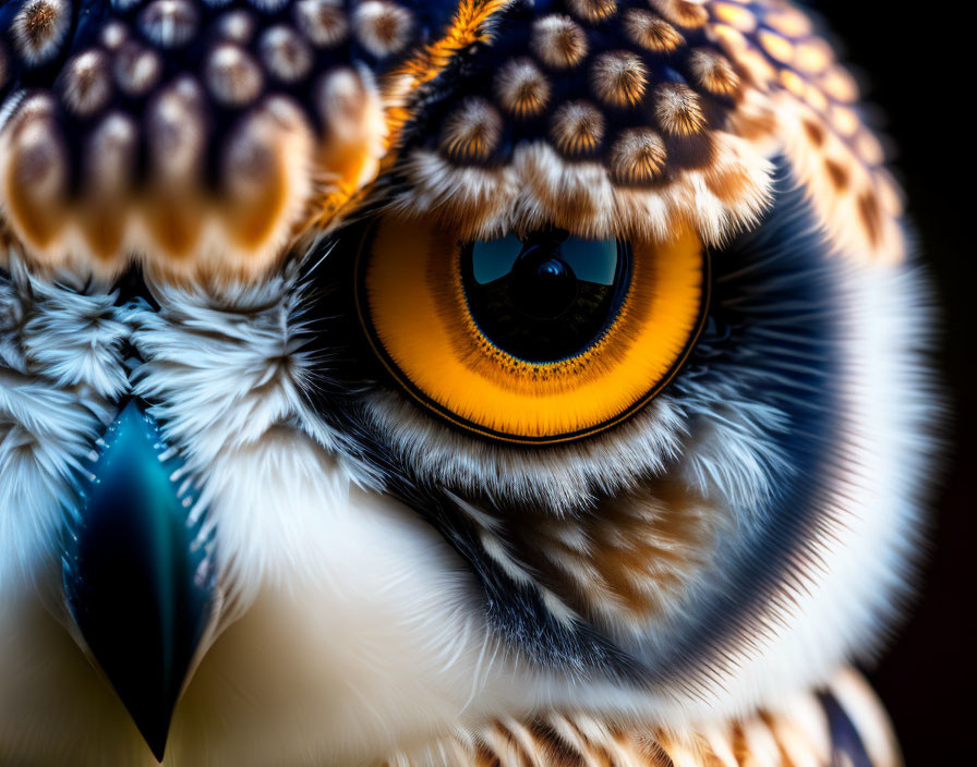 Detailed close-up of owl's striking orange eye and intricate feathers in brown, white, and blue.