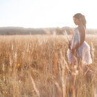 Woman in White Dress Standing in Sunlit Field of Tall Grass