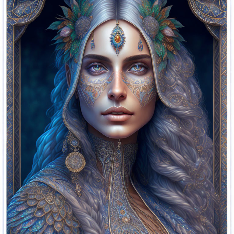 Intricate Blue and Gold Face Paint Portrait with Feathered Headdress