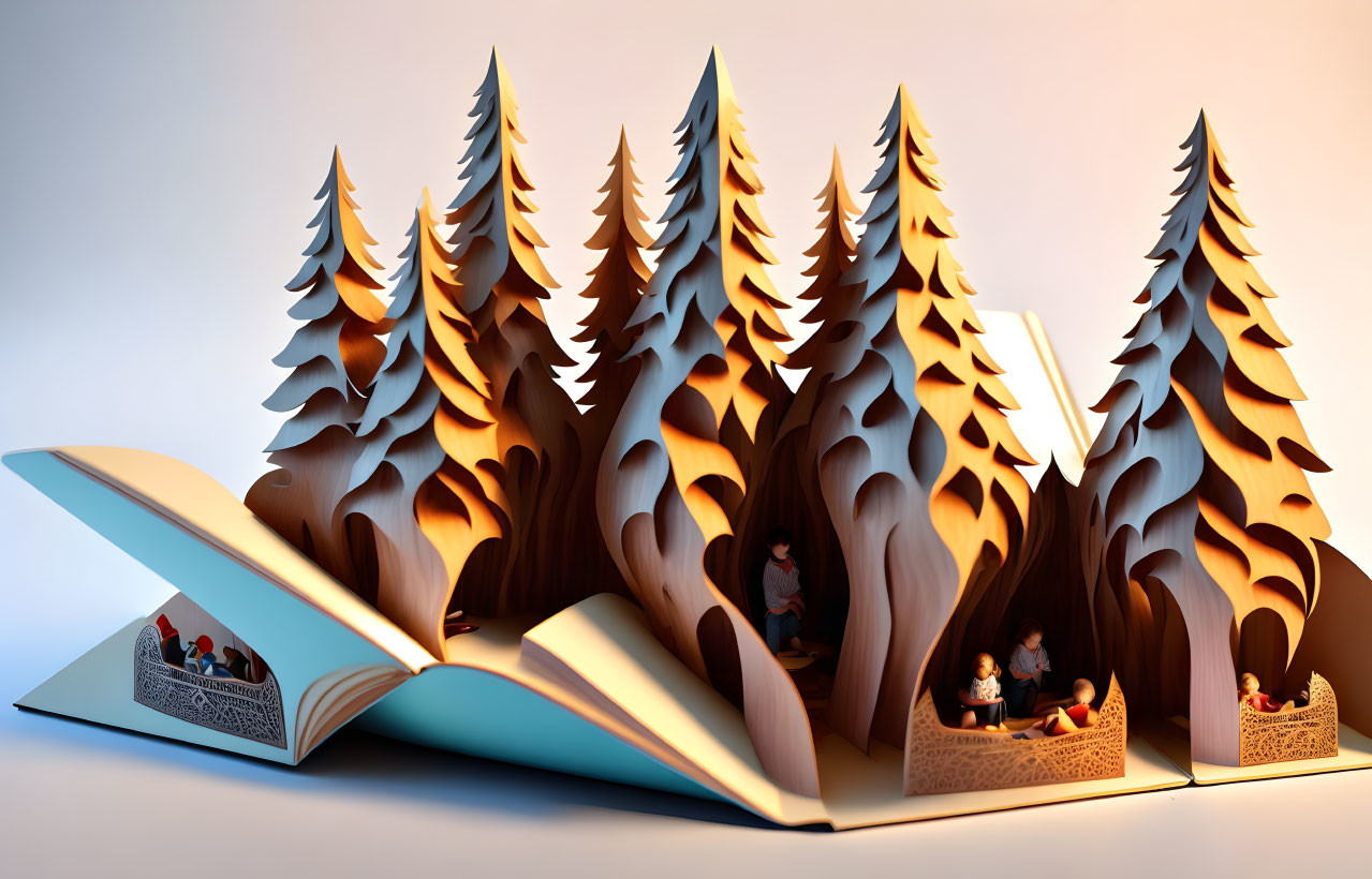 Intricate Pop-Up Forest Scene in Open Book
