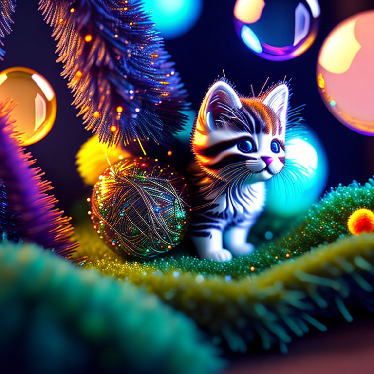 Adorable striped kitten in festive Christmas scene