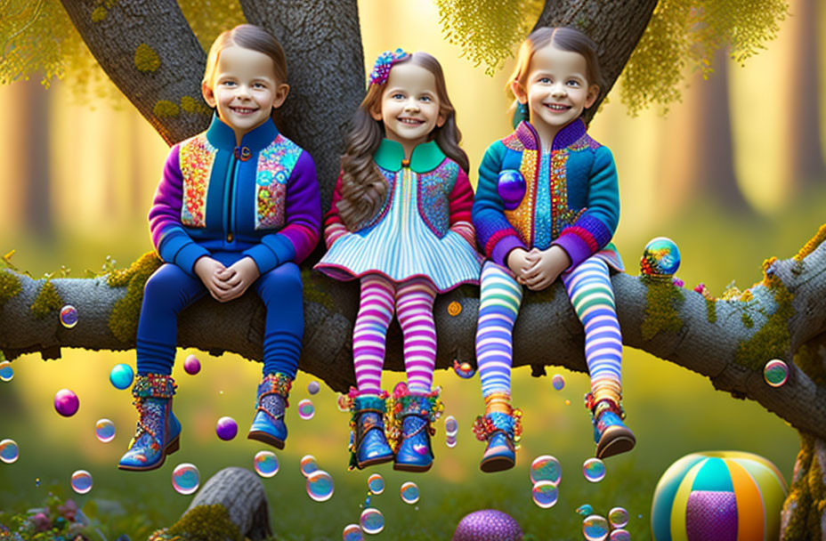 Three children on tree branch in colorful clothes in magical forest scene