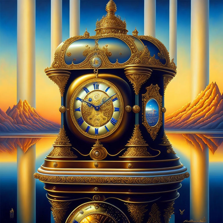 Intricate golden clock against surreal landscape and pillars