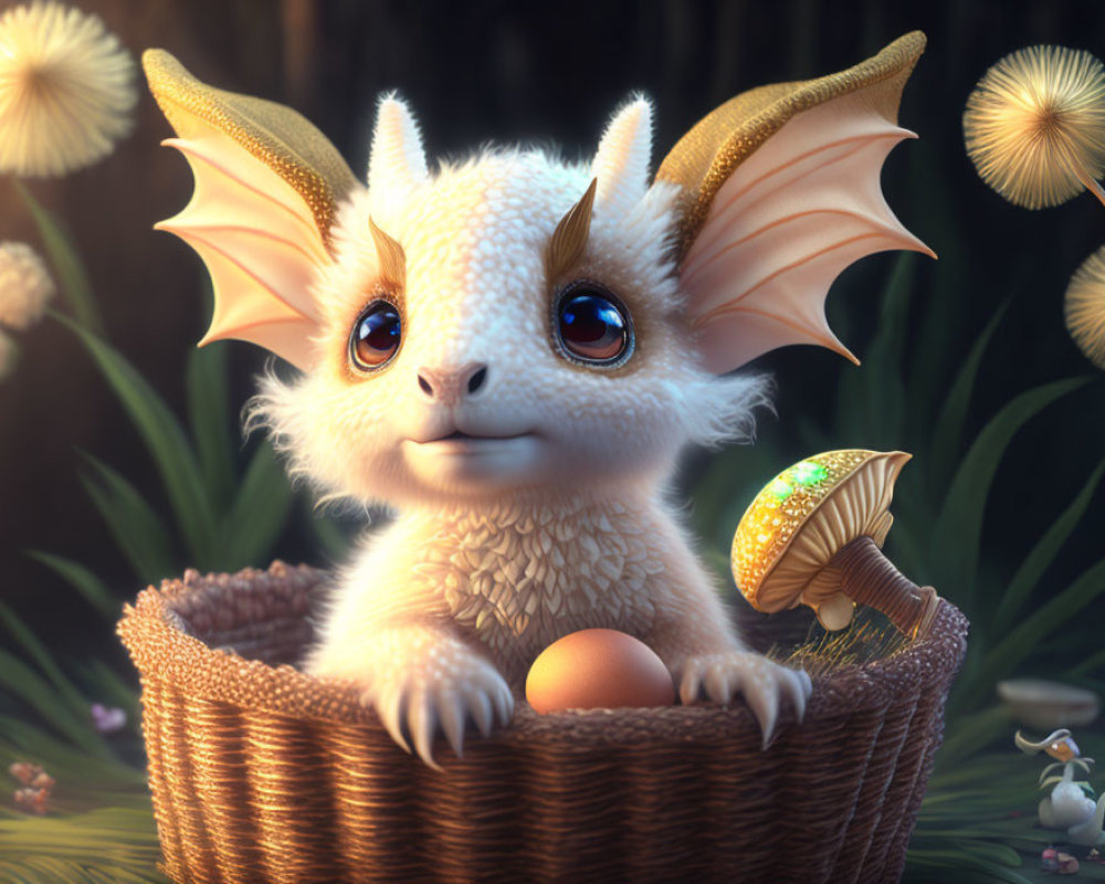 Whimsical creature with dragon-like wings in basket with egg and glowing mushroom