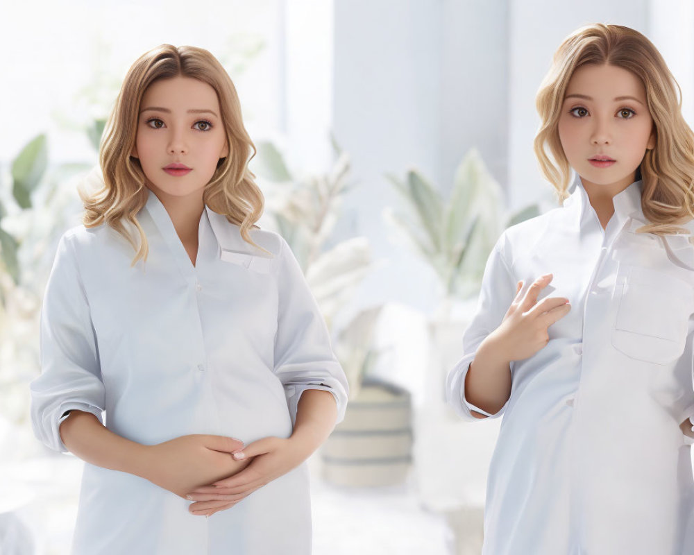 Identical pregnant women in bright room with plants