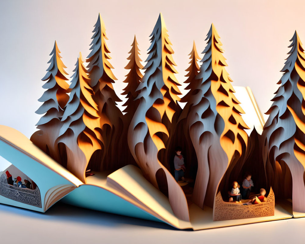 Intricate Pop-Up Forest Scene in Open Book