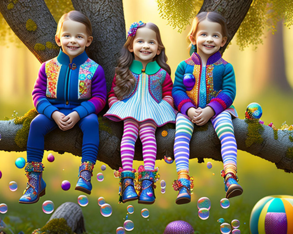 Three children on tree branch in colorful clothes in magical forest scene