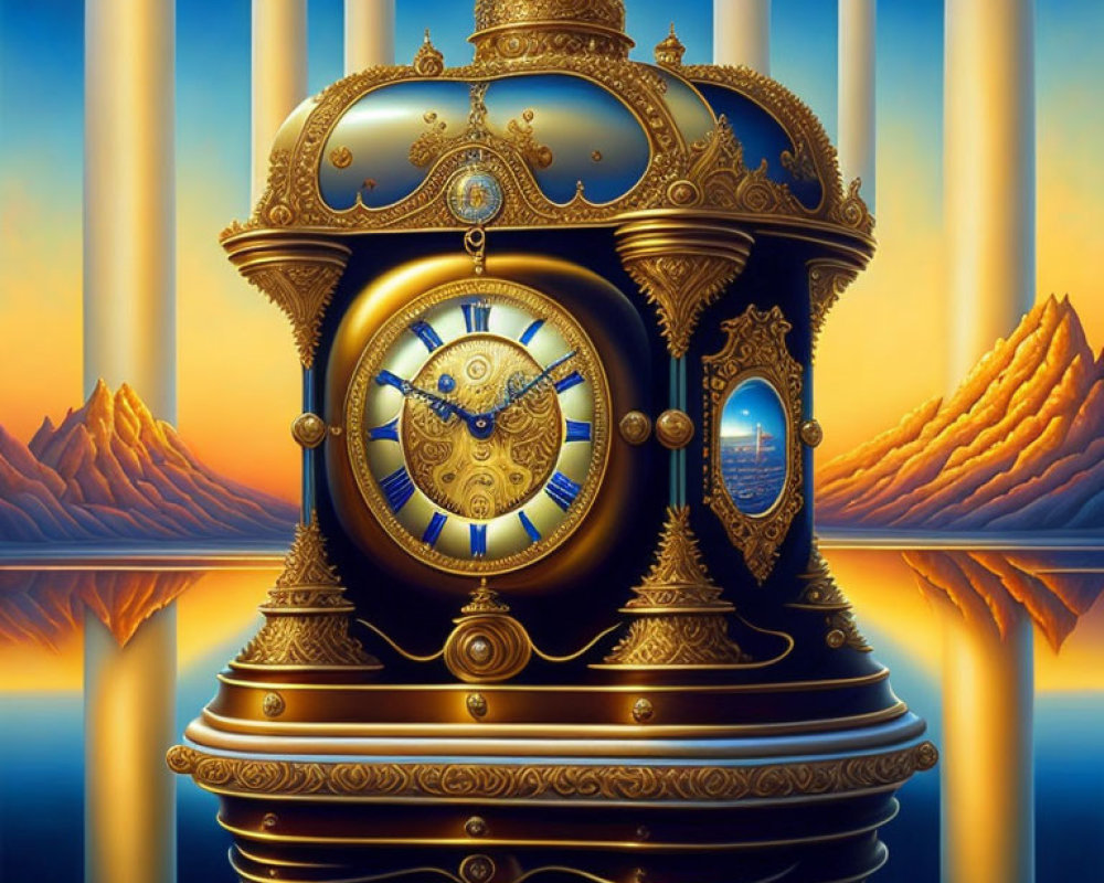 Intricate golden clock against surreal landscape and pillars