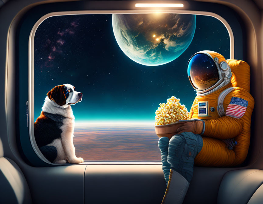 Astronaut and dog with popcorn in spacecraft gaze at moon