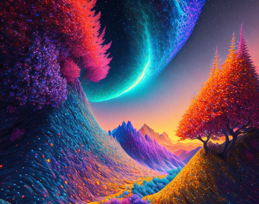 Colorful Cosmic Landscape with Moon, Trees, and Mountains