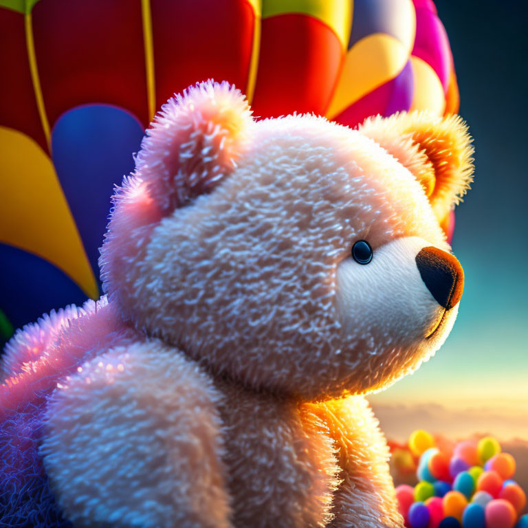 Plush Teddy Bear with Colorful Balloons in Background