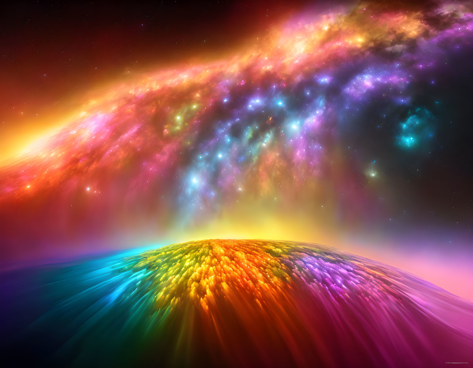 Colorful Cosmic Scene with Nebula and Rainbow Planet Surface