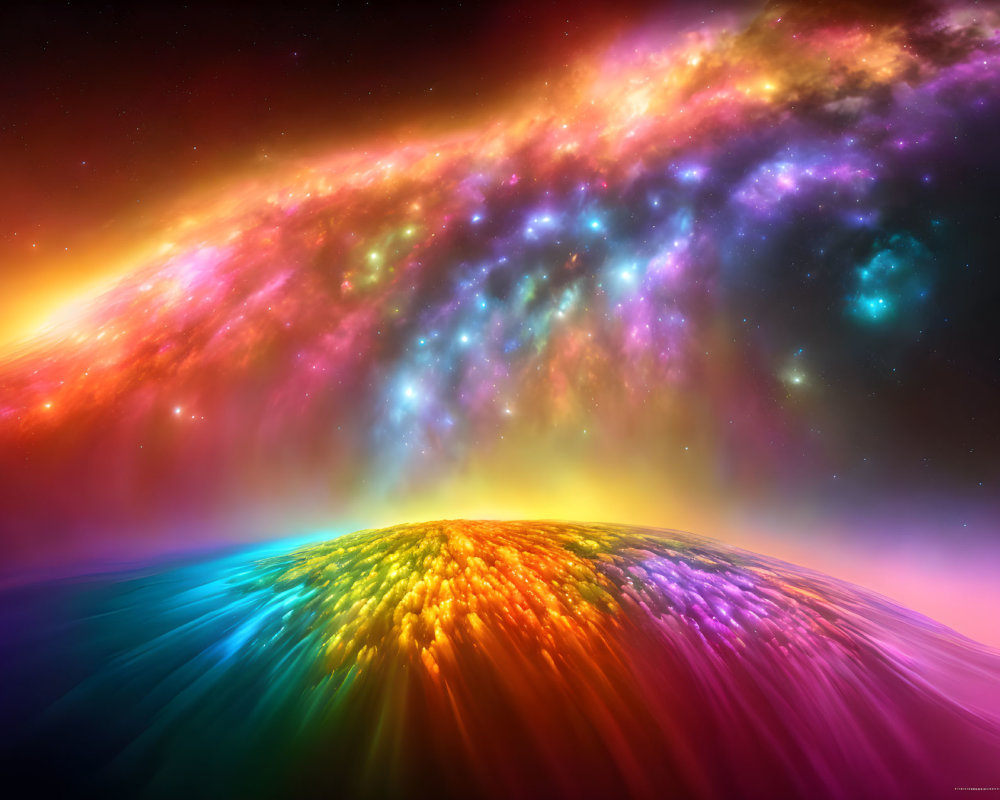 Colorful Cosmic Scene with Nebula and Rainbow Planet Surface