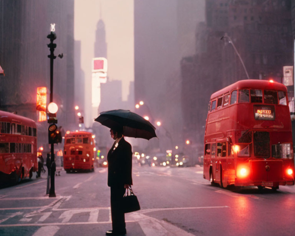 Person with umbrella in misty street with red buses and vintage street lights.