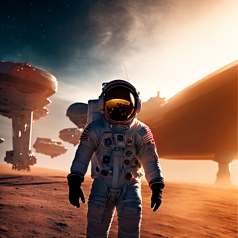 Astronaut in space suit on dusty alien planet with spacecraft and starry sky