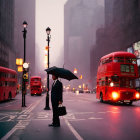 Person with umbrella in misty street with red buses and vintage street lights.
